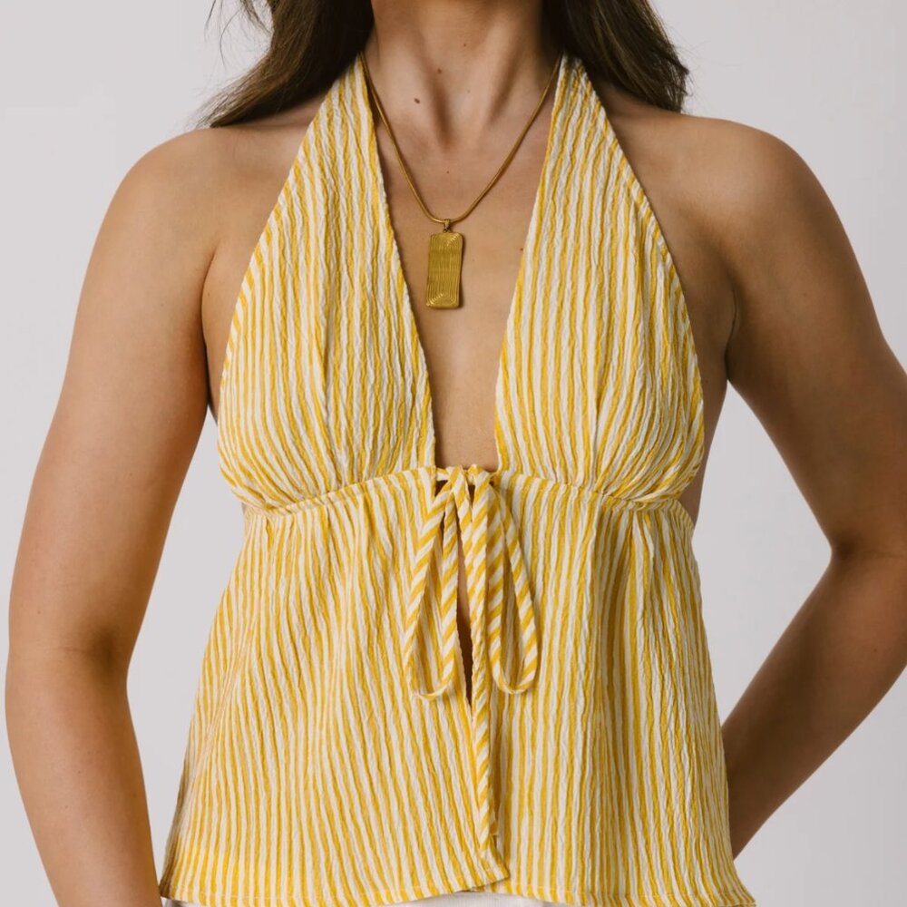 Grey Bandit yellow striped flowy linen halter tank top - size S